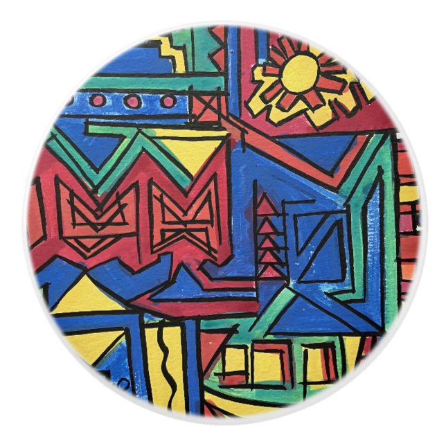 High Noon-Whimsical Hand Painted Modern Art Ceramic Knob (Front)