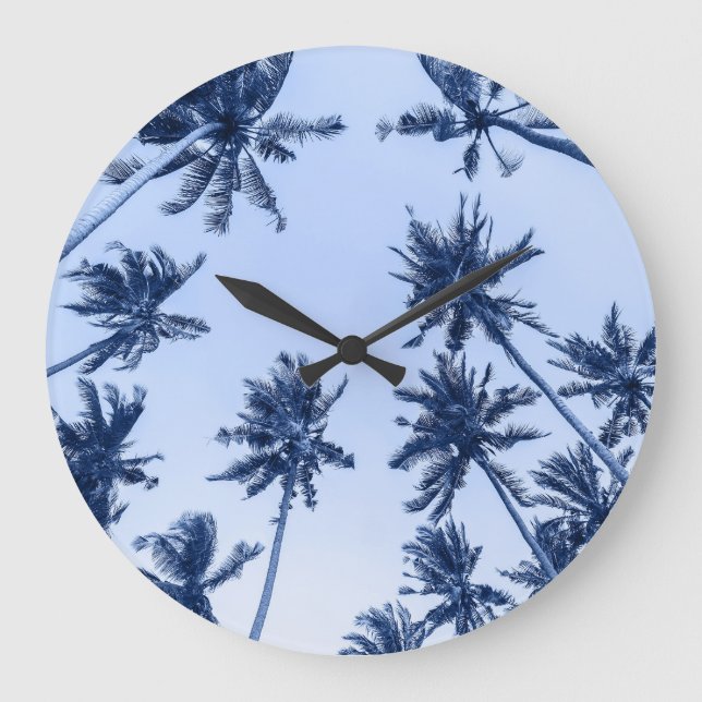High palm trees, clear blue sky. large clock (Front)