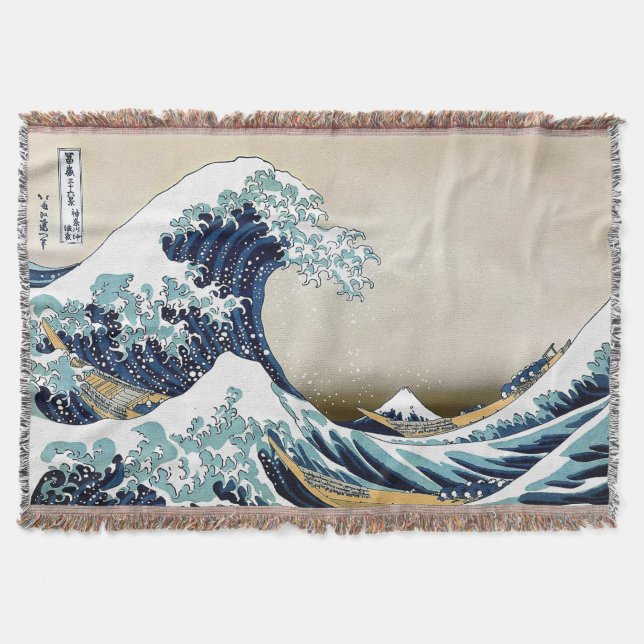 High Quality Great Wave off Kanagawa by Hokusai Throw Blanket (Front)