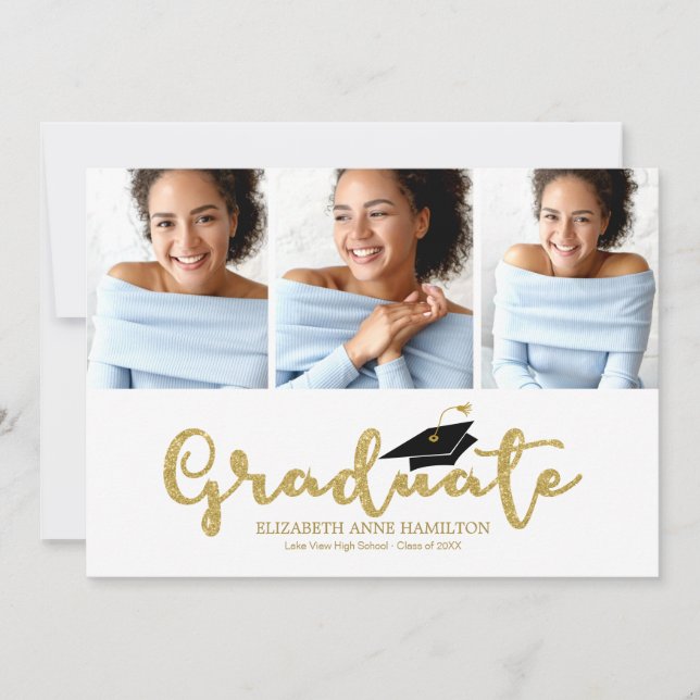 High School 3 Photo Gold Glitter Calligraphy Grad  Announcement (Front)