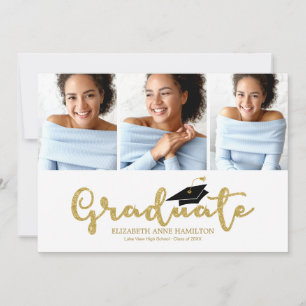 High School 3 Photo Gold Glitter Calligraphy Grad Announcement