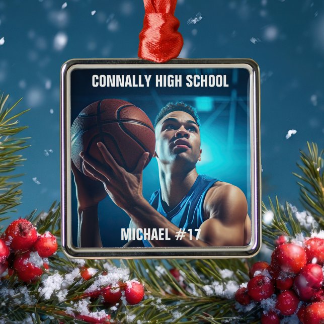 High School Basketball Player Photo Christmas Metal Ornament (Creator Uploaded)