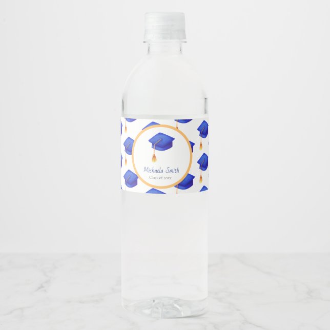 High School Blue Grad Cap Personalized Graduation Water Bottle Label (Front)