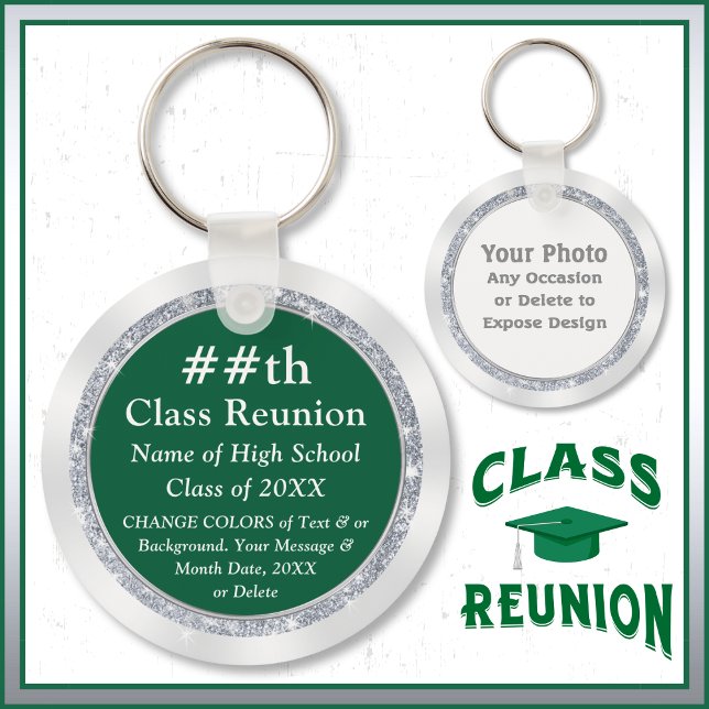 High School Favours Ideas. Green, White or CHANGE Keychain (Green and White, 35th class reunion ideas, class reunion favors cheap. Cheap reunion favors.)