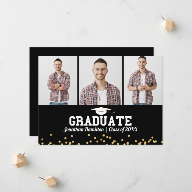 High School Graduation Announcement 3 Photo Card (Front/Back In Situ)