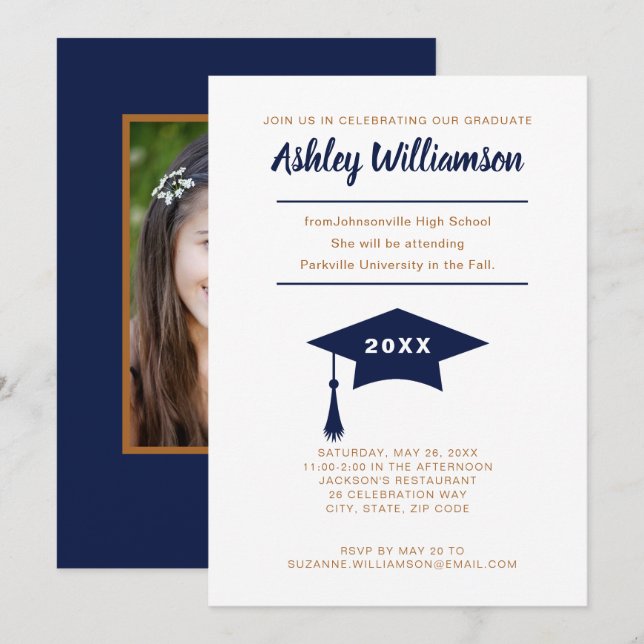 High School Graduation Announcement Cap Navy Gold (Front/Back)