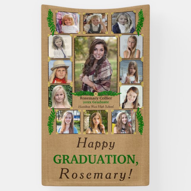 High School Graduation Party Photo Collage Rustic Banner (Vertical)