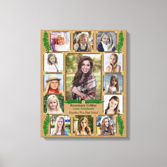 High School Graduation Photo Collage | Burlap Fern Canvas Print (Front)