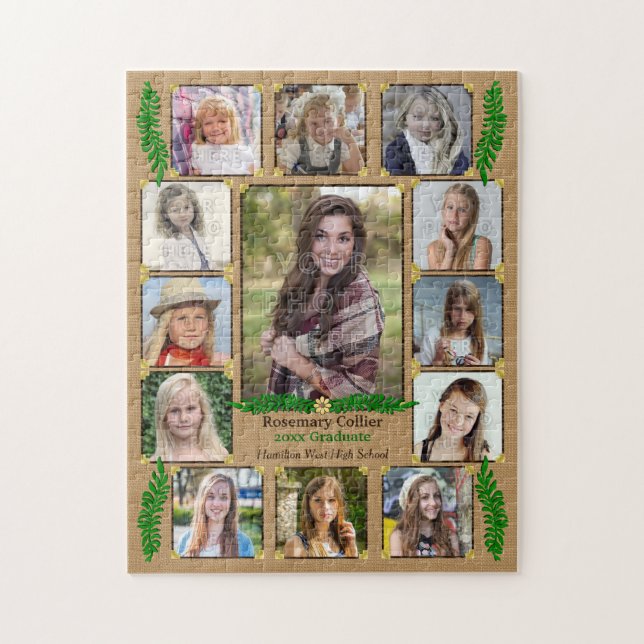 High School Graduation Photo Collage | Burlap Fern Jigsaw Puzzle (Vertical)