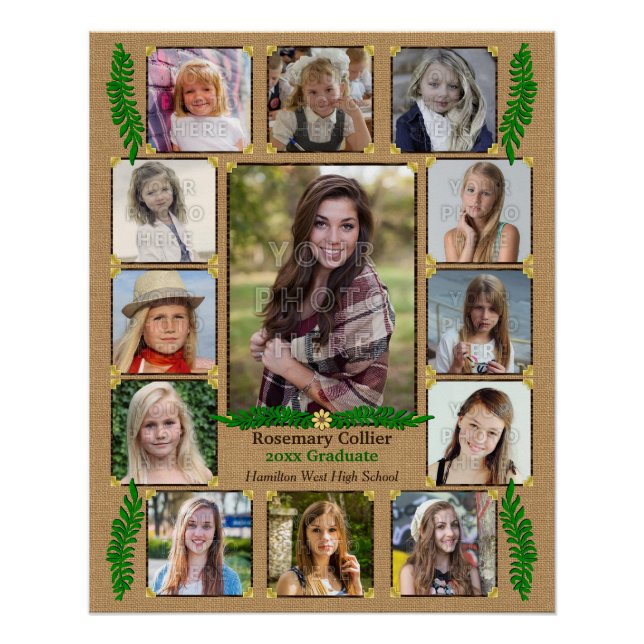 High School Graduation Photo Collage | Burlap Fern Poster (Front)