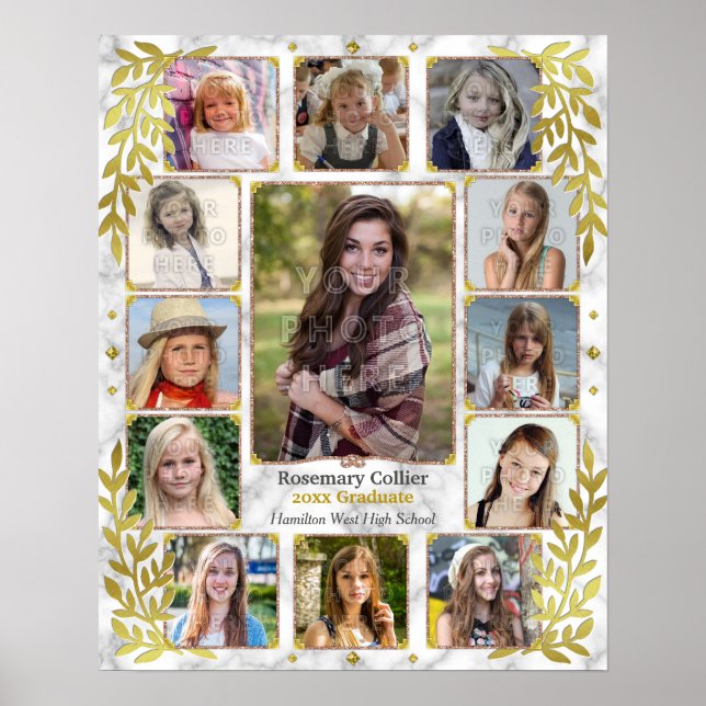 High School Graduation Photo Collage | Marble Gold Poster (Front)