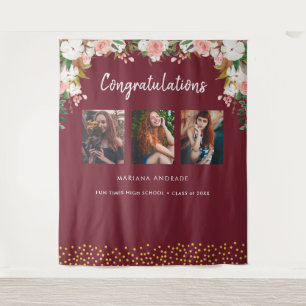 High School Graduation Photo Floral Burgundy Tapestry