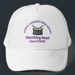 High School Marching Band Custom Purple Script Trucker Hat<br><div class="desc">This modern high school marching band hat features the student and band name in purple script under the drums. Customize for symphonic,  wind ensemble,  or concert band members or their director for a great graduation keepsake gift.</div>