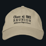 High School Reunion Class of Custom School Name Embroidered Hat<br><div class="desc">Celebrate your high school reunion with this cool custom baseball style hat that reads "Class of 19XX Reunion" and your school name. Easily change the text and hat colour to match your school colours. Makes a really nice keepsake for your entire class.</div>