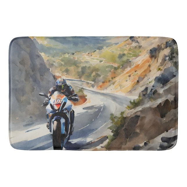 High-Speed Adventure in Vibrant Mountain Landscape Bath Mat (Front)