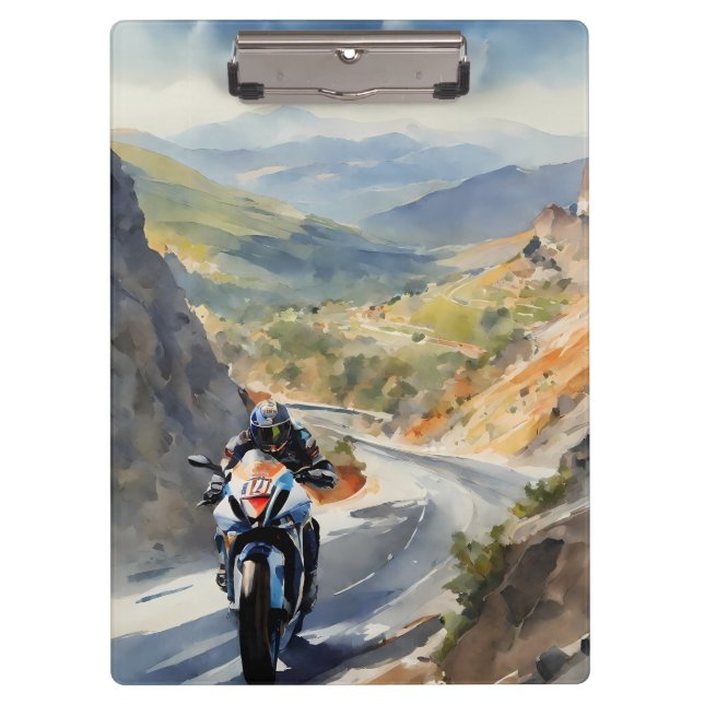 High-Speed Adventure in Vibrant Mountain Landscape Clipboard (Front)