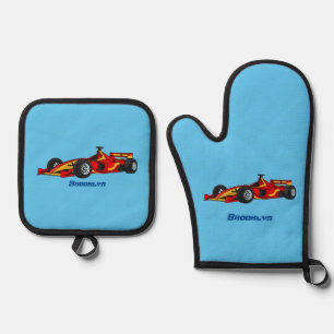 High speed racing cars cartoon illustration oven mitt & pot holder set