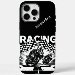High-speed racing with chequered flags in action iPhone 16 pro max case
