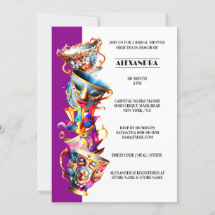 High tea party teacups carnival masks masquerade invitation