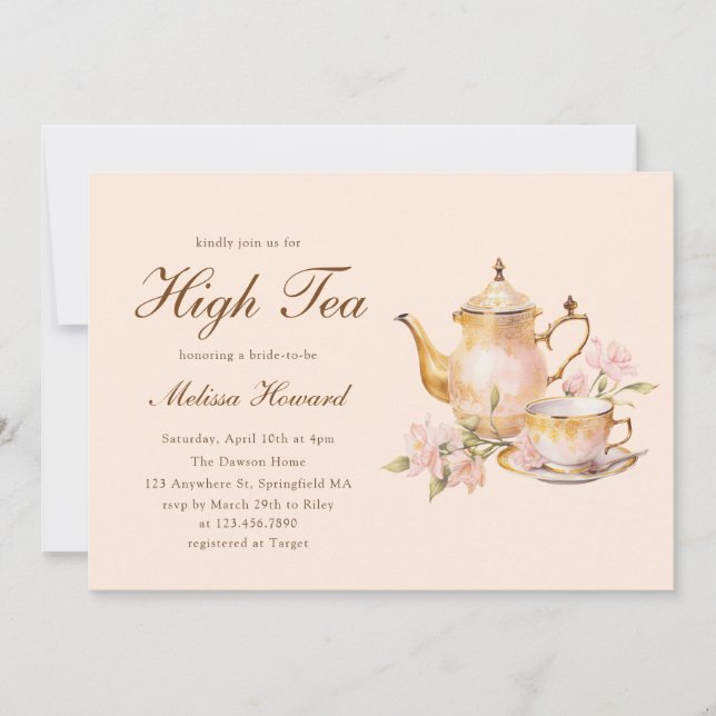 High Tea Pastel Orange Gold Bridal Shower Invitation (Front)