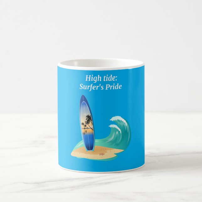 "High Tide: Surfer's Pride" adventure ocean beach  Coffee Mug (Center)