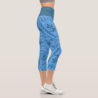 High-Waisted Capri Leggings/Tribal/Petroleum Blue