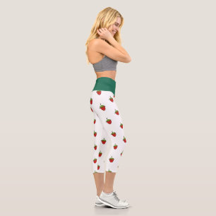 High Waisted Yoga Capris, Green Strawberry White Capri Leggings