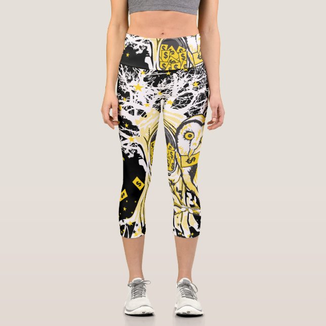 High Waisted Yoga Capris – Owl Abstract (Front)