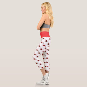 High Waisted Yoga Capris, Red Rose White Bottom Capri Leggings