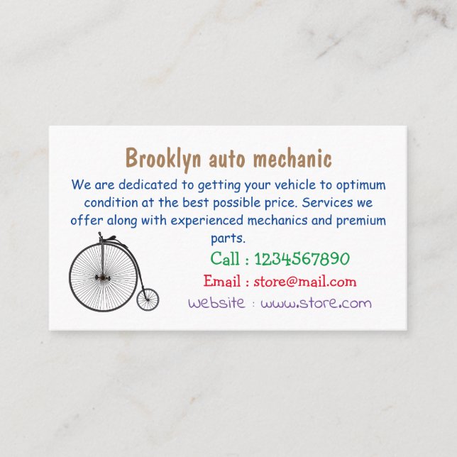 High wheel bicycle cartoon illustration business card (Front)
