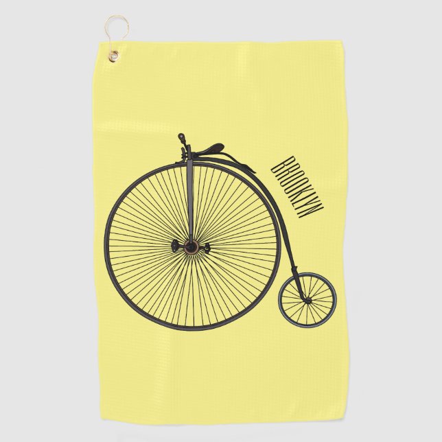 High wheel bicycle cartoon illustration golf towel (Front)