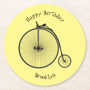 High wheel bicycle cartoon illustration round paper coaster