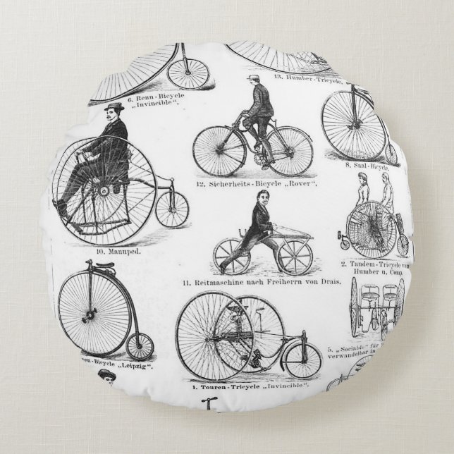 High Wheeler Bicycle Penny Farthing Round Pillow (Front)