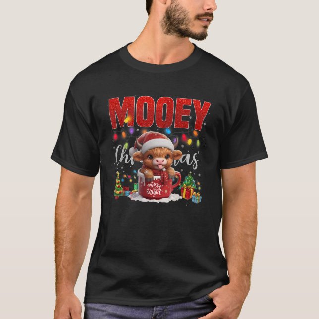 Highland Baby Cow Christmas Hot Cocoa Merry Bright T-Shirt (Front)