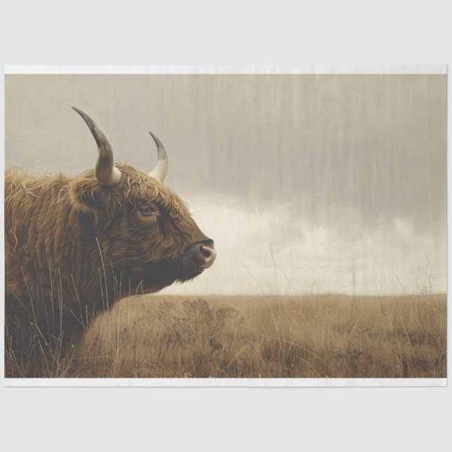 Highland Bull Landscape Vintage Painting Decoupage Tissue Paper (Front)