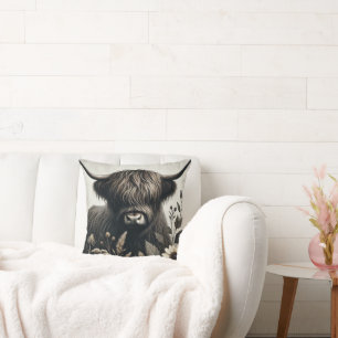 Highland Bull with Sunflower Throw Pillow