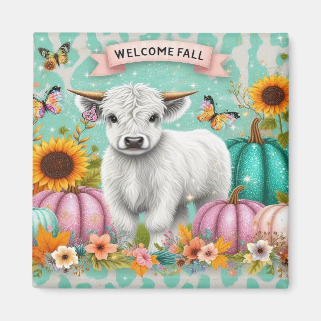 Highland Calf Amidst Autumn Pumpkins and Sunflower Magnet (Front)