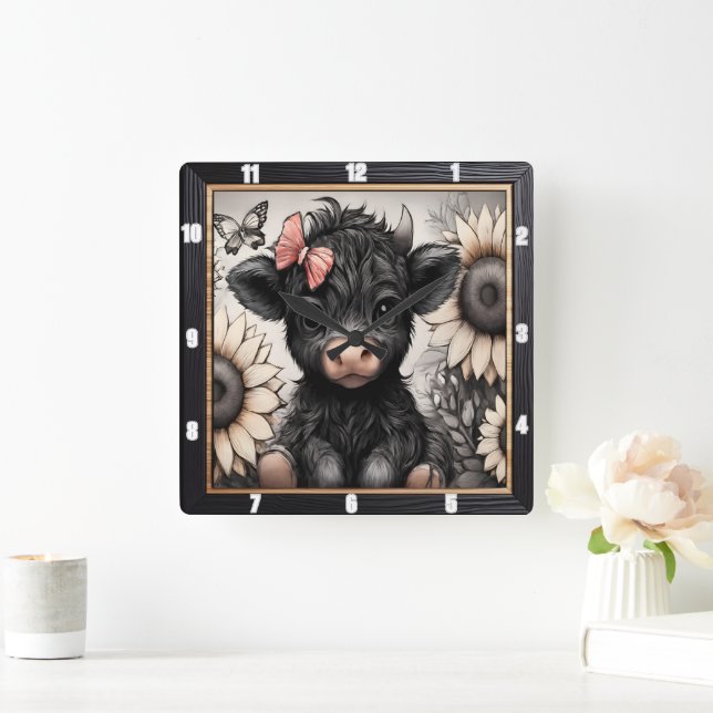 Highland Calf Sunflower Bow Square Wall Clock (Home)