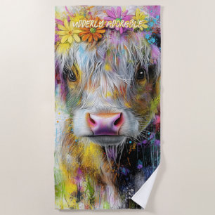 Highland Calf Vibrant Colored Flowers  Beach Towel