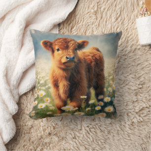 Highland Calf Vintage Watercolor Painting Throw Pillow