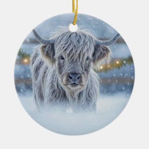 Highland Calif in the Snow Country Cute Ceramic Ornament