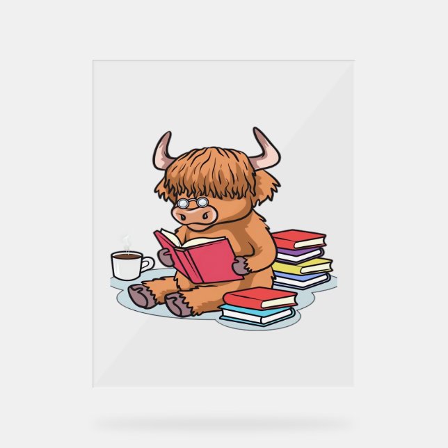Highland Cattle Cow Lire les livres Boire Café Cla (Recto)
