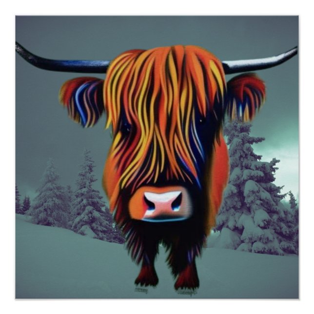 Highland Cattle in snowy background Poster (Front)