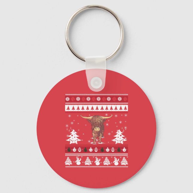 Highland Cattle Ugly Christmas Keychain (Front)