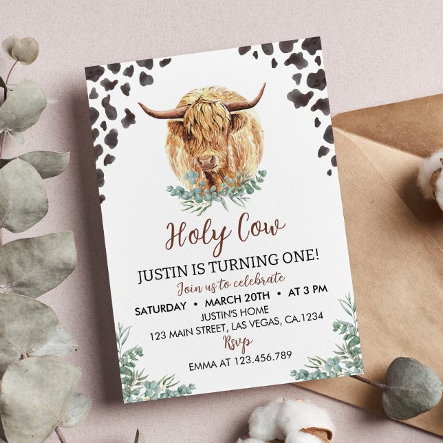 Highland Cow 1er Anniversaire Invitation (Créateur téléchargé)