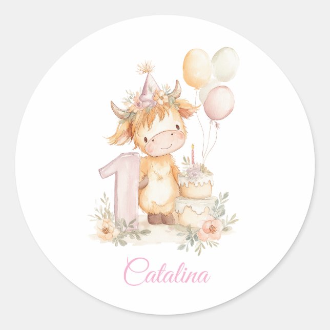 Highland Cow 1st Birthday Classic Round Sticker (Front)
