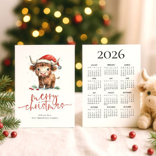 Highland Cow 2026 Calendar Merry Christmas Holiday Card