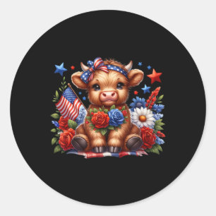Highland Cow 4th Of July Floral Usa Patriotic Cow  Classic Round Sticker