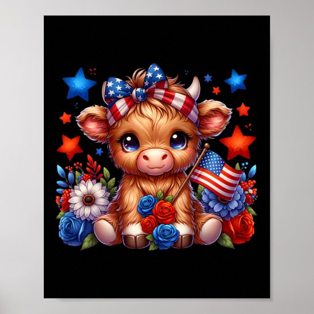 Highland Cow 4th Of July Floral Usa Patriotic Cow  Poster (Front)
