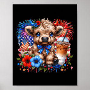Highland Cow 4th Of July Floral Usa Patriotic Cow  Poster